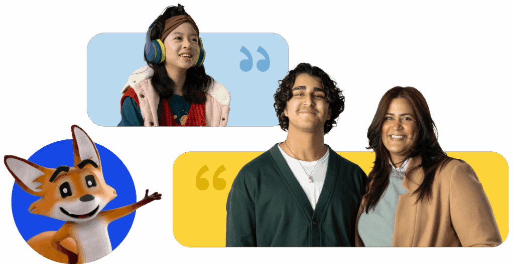 A cheerful cartoon fox gestures beside speech bubbles. Above, a girl in headphones smiles in a blue bubble. Below, a boy and woman smile in a yellow bubble.